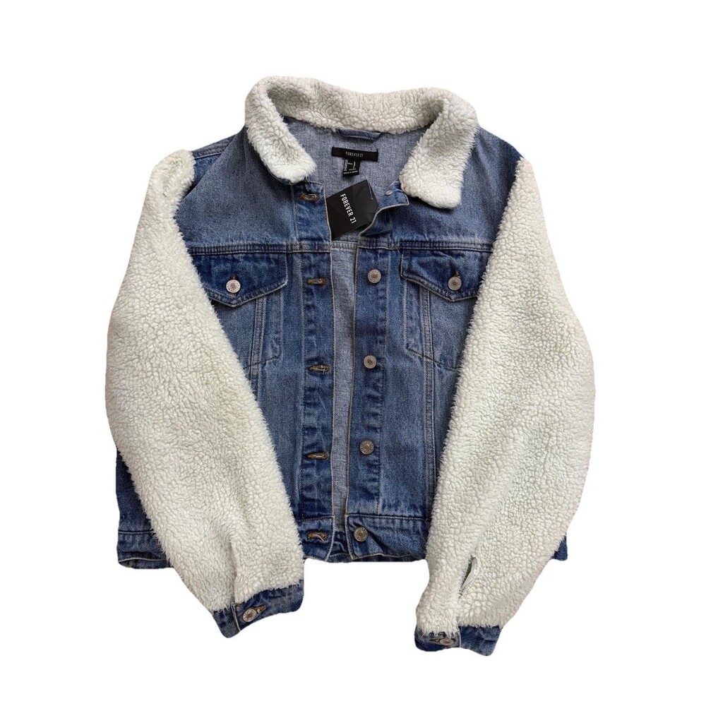 Forever 21 Denim Jacket Sherpa Lined Women’s Size L Blue‎ Jean Jacket NWT